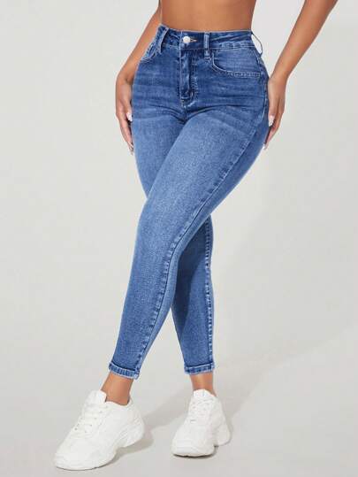 SHEIN PETITE Women Front Button Pocket Simple Casual Skinny Denim Jeans