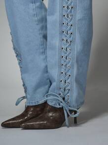 MISSGUIDED Lace Up Side Jeans High Waisted Straight Leg Denim Streetwear Festival Y2K Aesthetic Pants Western Style Retro Fashion Statement - Blue - View 5