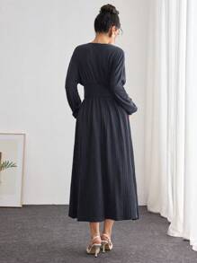 Modelyn Textured Bowknot Waist Women Sweatshirt Pullover Fall Outfit - Blue - View 2