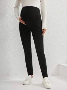 SHEIN Maternity Comfy Ribbed Knit Adjustable Waist Base Leggings With Thermal Lined , For Winter - Black - View 1