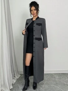 Elenzga 1pc Women Regular Collar Color Block Casual Jacket, Gray - Grey - View 7