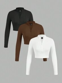 SHEIN EZwear Set de 3 camisetas de manga larga con cuello con cremallera y tela acanalada, adecuadas para primavera y otoño