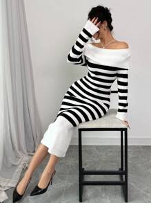 Chiquease Off-The-Shoulder Striped Bodycon Knit Dress, Autumn/Winter Fall Cloth For Women