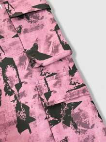 ROMWE MEN Street Life Men's Drawstring Star Print Pocket Casual Cargo Pants, For Daily Wear, Fall - Pink - View 6