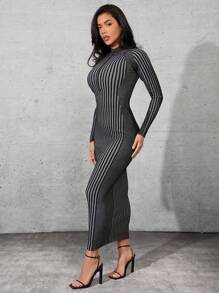 Denimoi Contrast Rib Knit Mock Neck Bodycon Midi Dress - Multicolor - View 5