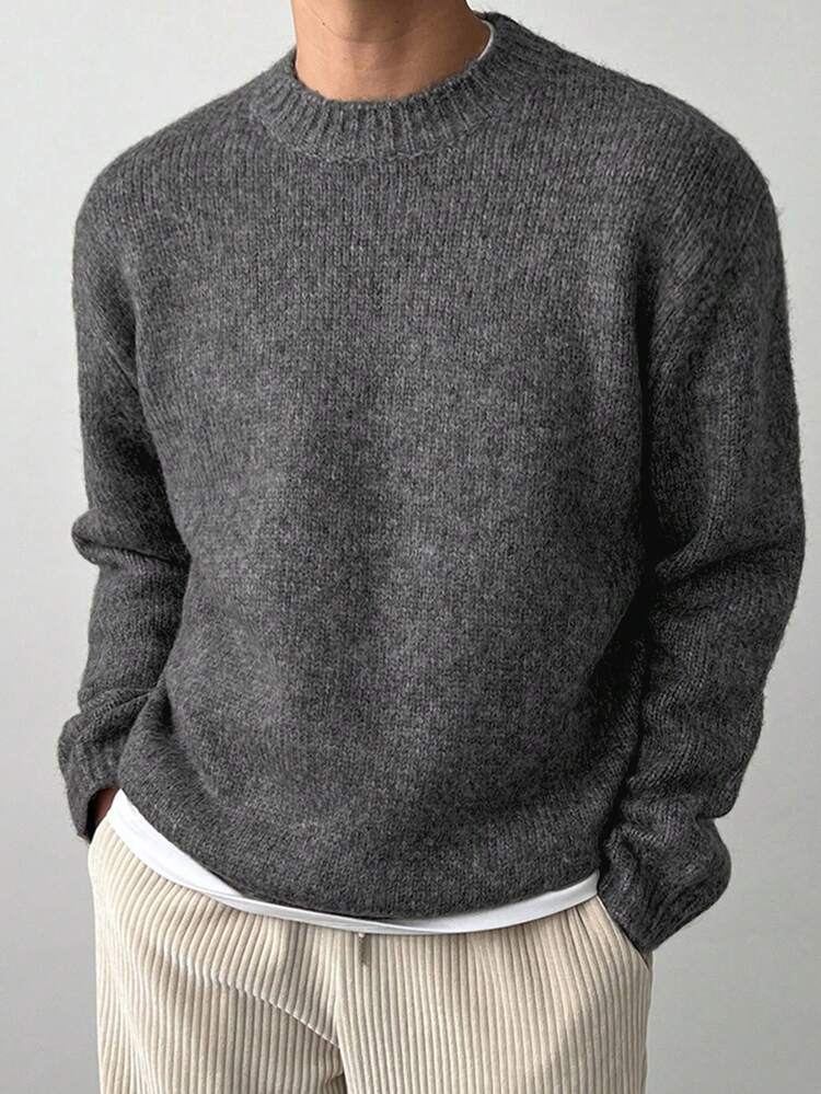 Men Solid Color Knitted Sweater, Casual And Fashionable For Daily Wear In Autumn