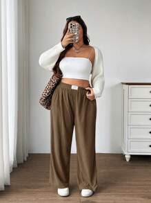 SHEIN EZwear Pantalones anchos de pana color caqui de cintura alta para mujer de talla grande, con bolsillos y diseño de parche, aptos para escuela, uso diario, trabajo en interiores, otoño e invierno