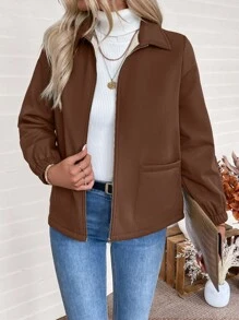 EMERY ROSE Jaqueta Longa Casual de Lã Composta com Bolso e Zíper Frontal, de Manga Longa