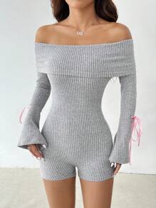 SHEIN PETITE 纯色休闲露肩喇叭袖口连体裤，长袖 - 灰色 - 查看 1