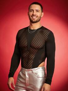 FeverCity 1pc Men's Solid Color Hollow Out Long Sleeve Jumpsuit - Black - View 2