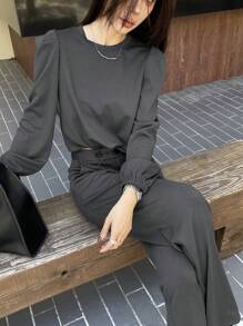 DAZY 2pcs/Set Women Plain Crew Neck Puff Sleeve Sweatshirt And Wide Leg Pants Set,Fall Clothes - Dark Grey - View 7