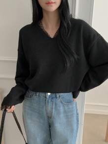 DAZY Solid Color Patchwork Long Sleeve Loose Women Sweater,Fall Clothes - Black - View 8