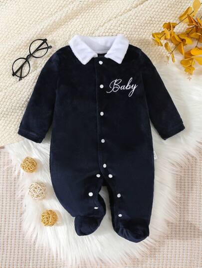 SHEIN Newborn Baby Blue Solid Color English Letter Embroidery Long Sleeve Footie One-Piece Pajamas