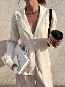 SHEIN Frenchy Women's Solid Color Lapel Neck Long Sleeve Single-Breasted Casual Shirt, Autumn,Long Sleeve Shirt,Holiday Outfits Winter Elegant - Apricot - View 4