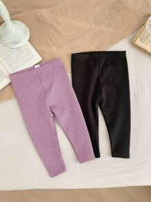 SHEIN LMoss Kids 2pcs LMoss Unisex Baby Girl Thermal Lined Leggings, Black/Purple, Suitable For Outdoor, Party, Sports And More, Autumn/Winter