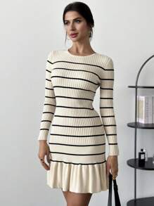 SHEIN Privé Đầm bodycon tay dài ngắn kẻ sọc đi làm và về nhà thanh lịch tối giản cho nữ, màu mơ, thu/đông - Màu be - Xem 3