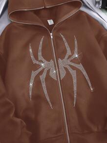 SHEIN Tween Girls' Casual Knit Spider Rhinestone Embellished Hooded Sweatshirt Sweatshirt - Brown - View 4