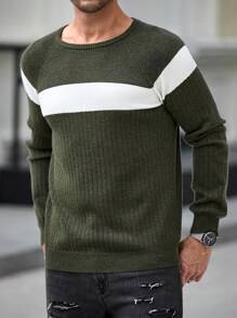 Manfinity Mode Men Crew Neck Long Sleeve Solid Color Splice Casual Pullover Sweater