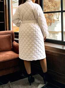 SHEIN Privé Plus Size Casual Turndown Collar Pockets Long Padded Coat, Suitable For Commuting, Autumn/Winter