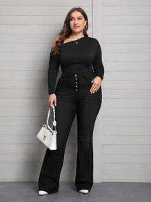SHEIN Pantalones acampanados de mezclilla de talla grande para mujeres, elásticos, con efecto aterciopelado, color negro, diseño de múltiples botones, sexy, adecuados para otoño/invierno