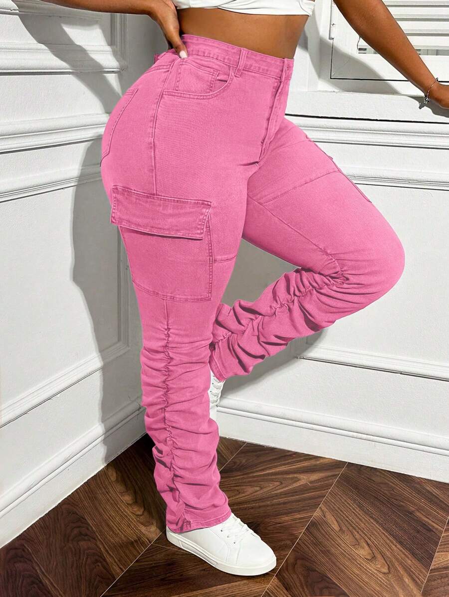 SHEIN SXY Plus Size Women Stretchy Pink Denim Fashionable Design Extra Long Slouchy Pants - Pink - View 1