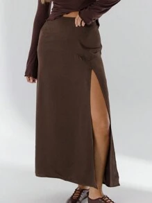 Aralina 缎面裹身高腰前开衩长裙