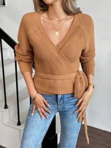 SHEIN LUNE Suéter holgado de punto de manga raglán y hombros descubiertos de unicolor, para otoño/invierno