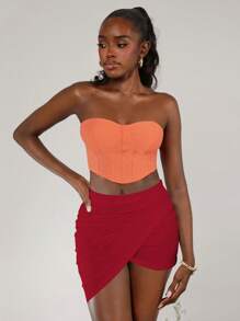 GAUTII 设计师女士纯色性感高腰褶皱迷你裙，适合假期、派对、节日 - 酒紅色 - 查看 9