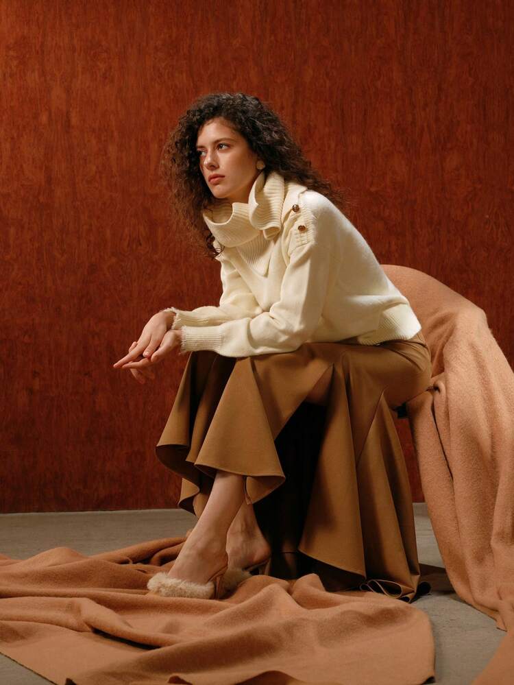 GOLD BUTTON DETAIL RAW TRIM DROP SHOULDER OVERSIZE SWEATER