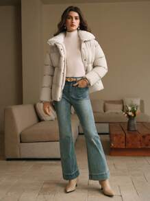 SHEIN x Carly Lawrence Anewsta 厚 H 型中长款大衣，长蓬松领，双侧口袋，宽松女式外套 - 米色 - 查看 1