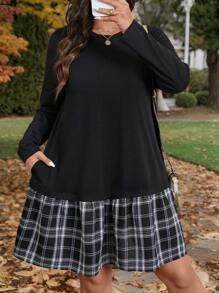 EMERY ROSE Vestido holgado de manga larga, cuello redondo, parcheado con tartán negro, para talla grande, otoño