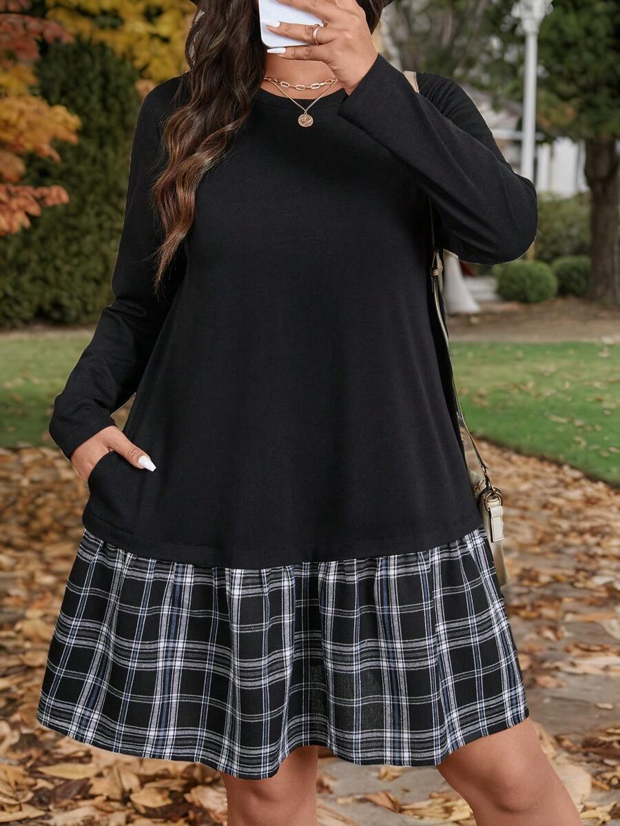 EMERY ROSE Vestido holgado de manga larga, cuello redondo, parcheado con tartán negro, para talla grande, otoño