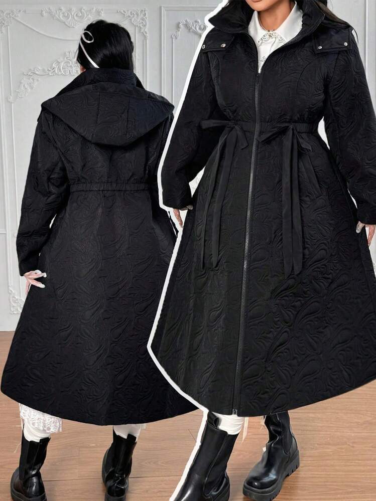 Plus Size Vinter Mock Neck Blommönster Huva lång vadderad med pilbåge, fickor och A-line siluett - Svart - Visa 1