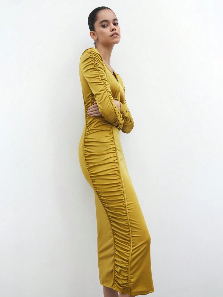 SHEIN Maija Autumn And Winter New Urban Elegant Mustard Yellow Pleated Party Women's Mid-Length Dress Suitable For Going Out On Vacation, Holiday Parties, Gatherings, Daily Leisure, Fashionable Vacation, Wedding Season, Christmas