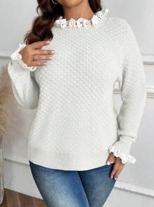 Celure Plus Size Women Contrast Color Lace Ruffled Shoulder Long Sleeve Casual Sweater, Autumn/Winter