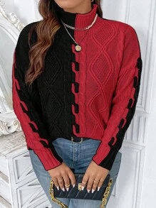 Calvaya Plus Size Crew Neck Solid Color Patchwork Pullover Sweater, Simple Casual Design For New Year Clothes, For Winter - Red - View 5