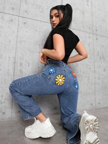 SHEIN PETITE Floral Print Pocketed Casual Straight-Leg Jeans - Blue - View 1