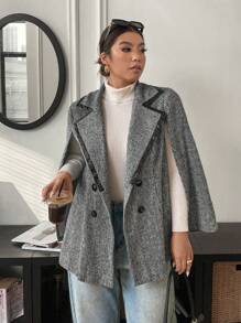 Calvaya Plus Size Two-Row Button Contrast Trim Batwing Sleeve Elegant Coat - Multicolor - View 7