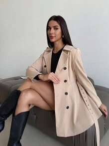 Firerie Trench-coat beige à col cranté pour femmes, manches longues, double boutonnage, avec une corsetière à la taille - Kaki - Voir 7