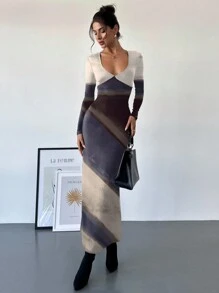 Firerie Women's Sweetheart Neck Color Block Fitted Long Sleeve Dress