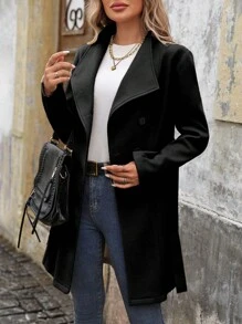 SHEIN Clasi 女式纯色翻领长外套，秋冬 - 黑色 - 查看 4