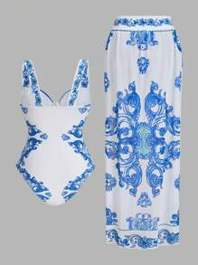 Swim Oasis 1pc Luxurious Boho Floral Print Ruffle Sleeve Premium 2 Pieces Swimsuit Set Summer - Blue and White - View 2