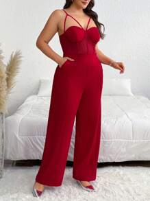 SHEIN Privé Plus Size Solid Color Spaghetti Strap Hollow-Out Minimalist Fitted Jumpsuit - Red - View 2