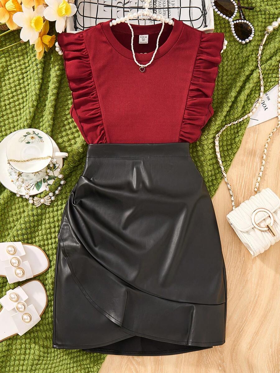 2pcs/Set Teen Girl Red Ruffle Round Neck Sleeveless Top And Black Mini Skirt - Red - View 1