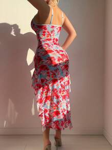 SHEIN 2 件套性感迷你碎花荷叶边开衩紧身连衣裙 - 彩色 - 查看 2