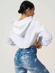 SHEIN 1件女士纯色长袖简约休闲短款卫衣 - 白色 - 查看 2