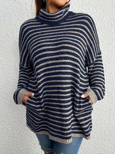 Vionelle Plus Size Casual Minimalist Color Block Striped Turtleneck Sweater, Autumn/Winter Knit Pullover Fall