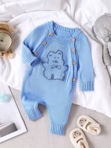 SHEIN 幼儿男童可爱卡通熊印花针织连体裤，时尚新品，适合所有男婴 - 淺藍色 - 查看 1