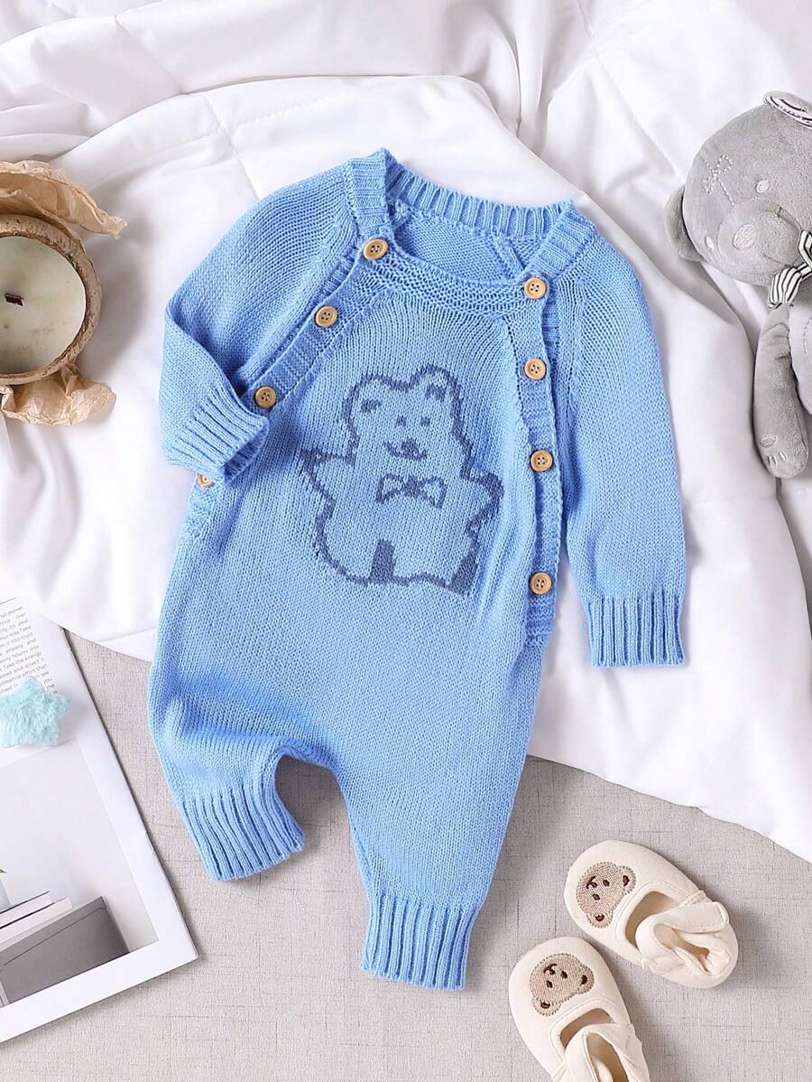 SHEIN 幼儿男童可爱卡通熊印花针织连体裤,时尚新品,适合所有男婴 - 淺藍色 - 查看 1