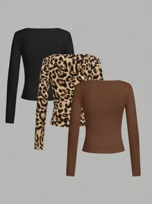 SHEIN EZwear 3 pièces Ensemble de T-shirts ajustés à manches longues et col carré imprimé léopard pour femmes, convient pour l'été - Multicolore - Voir 2